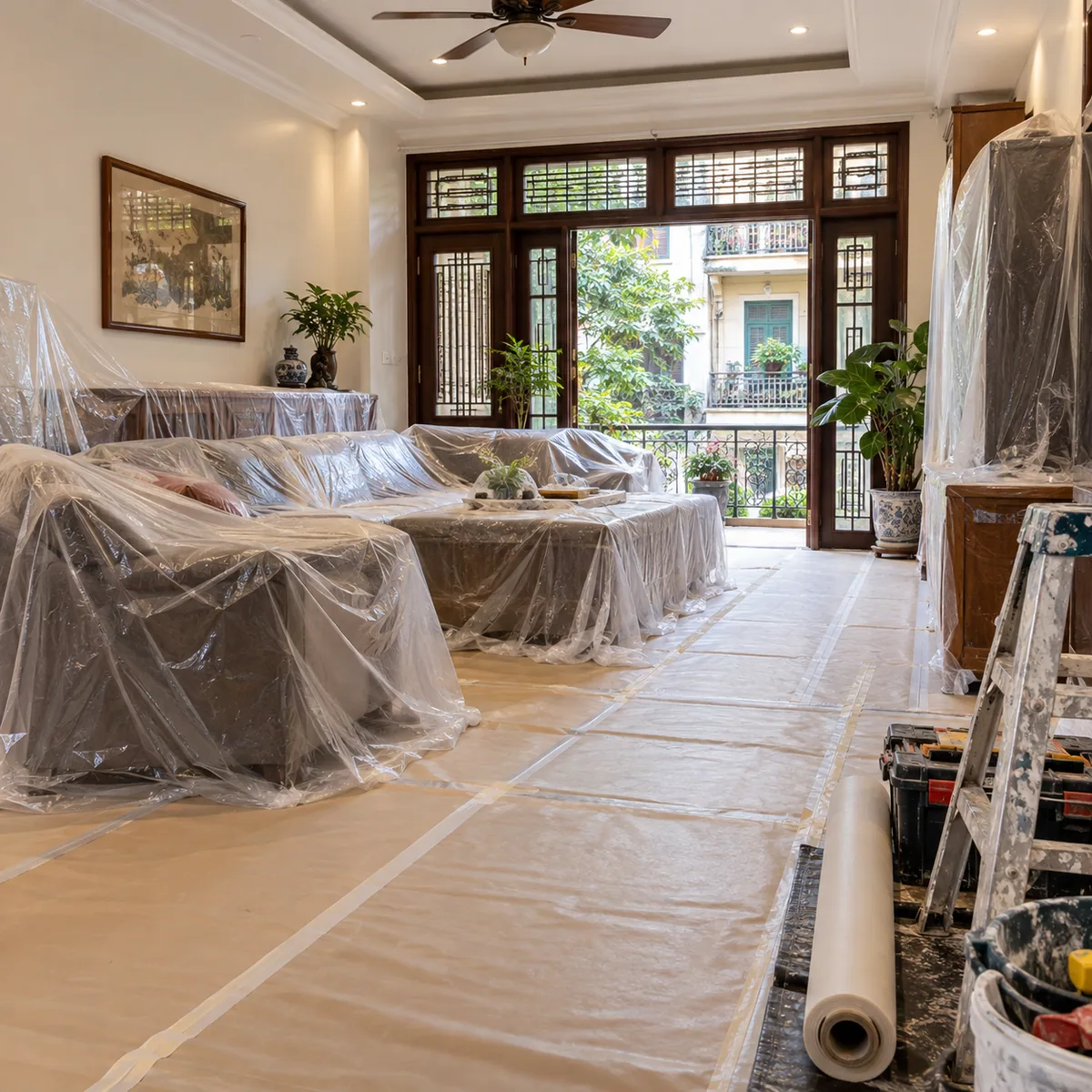 Minh họa đồ đạc được che chắn trong khi cải tạo