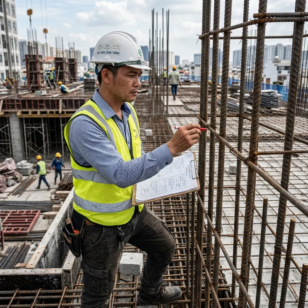 Công tác nghiệm thu cốt thép dầm sàn kỹ lưỡng trước khi phát lệnh đổ bê tông.