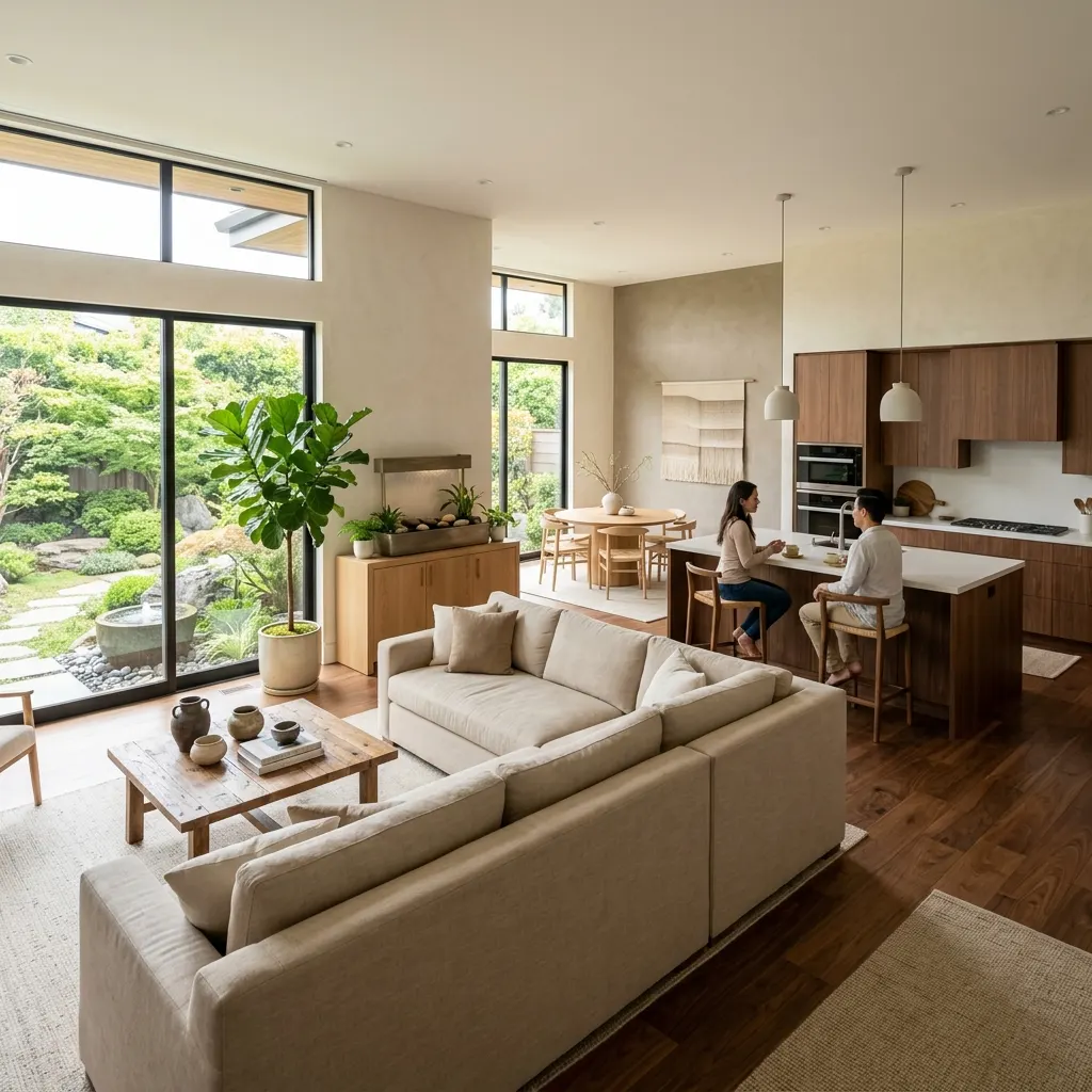 Không gian bếp và phòng khách liên hoàn được thiết kế chuẩn mực phong thủy khoa học.